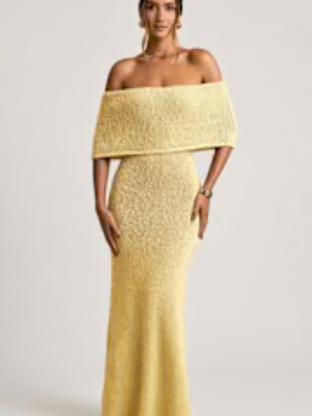 Oh Polly Elegant Off-Shoulder Yellow Knit Maxi Dress